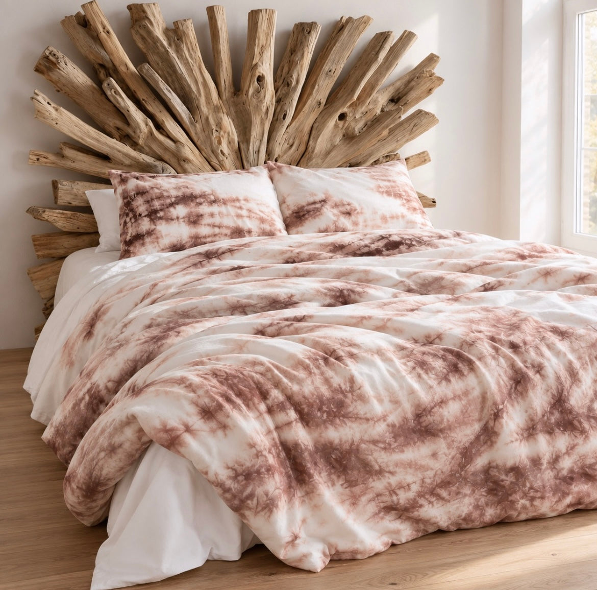 Hand-dyed Driftwood Reverie Duvet Set: Organic Weathered Pink-Brown and Natural White Bedding