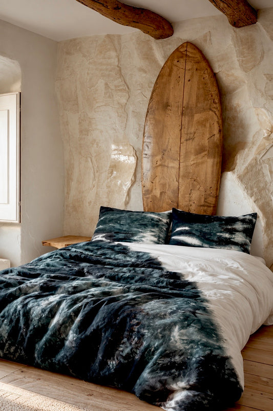Hand-dyed Drowned Wildwood Reverie Duvet Set: Black Green and White Bedding