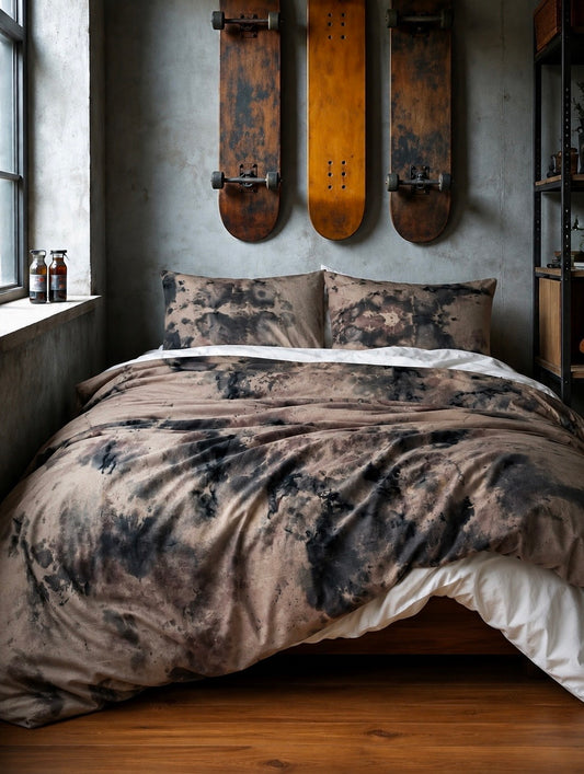 Hand-dyed Concrete Steeze Skater Bedding: Grey Taupe and Multi Black Duvet Set